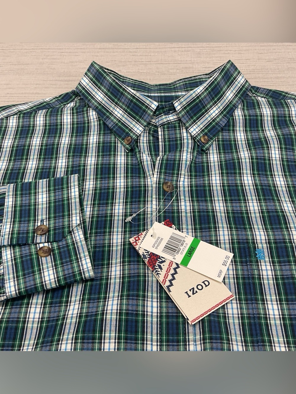 Izod Men's Blue and Green Plaid Button-Down Shirt